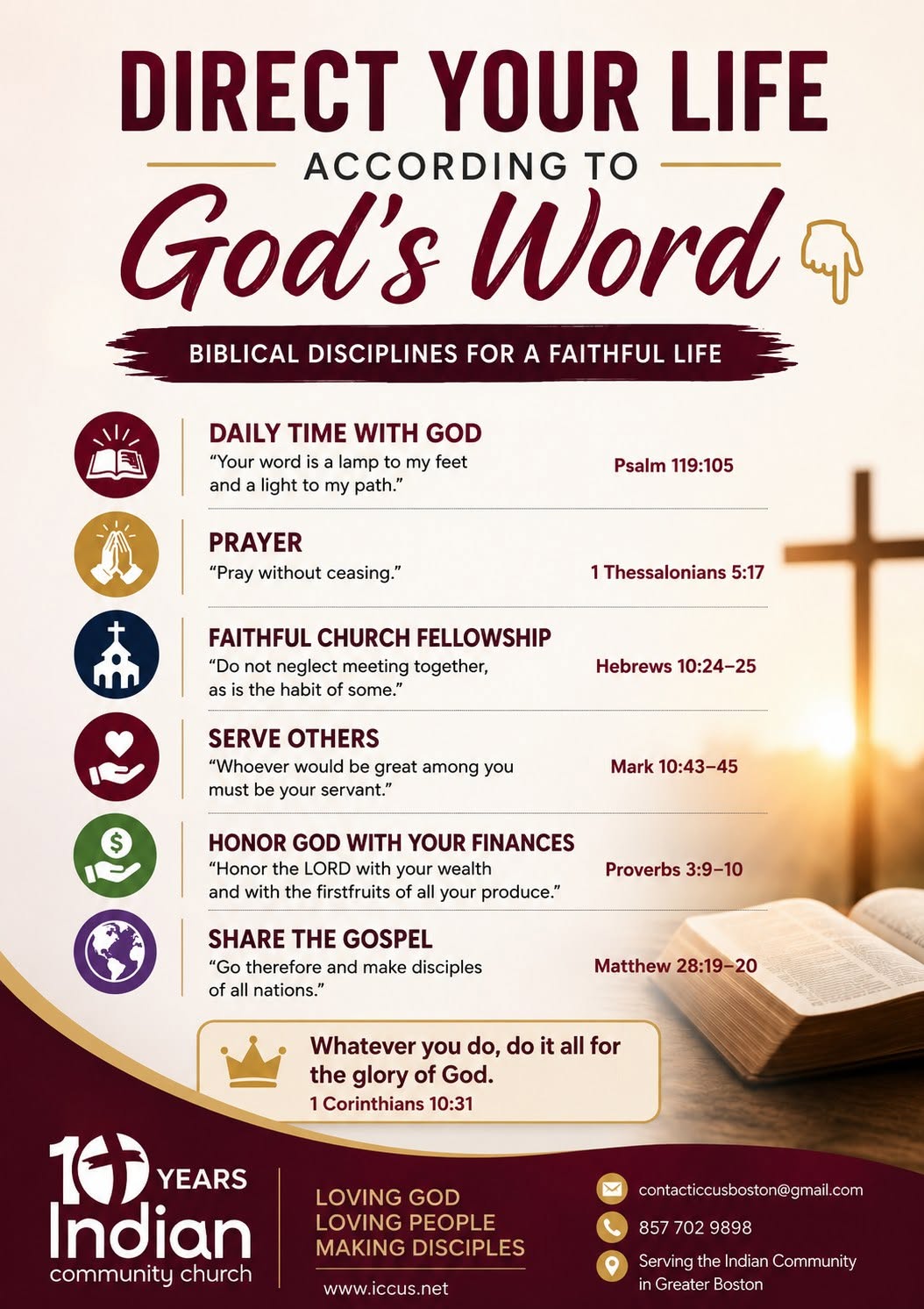 Direct Your Life According to God's Word – Biblical Disciplines for a Faithful Life: daily time with God, prayer, church fellowship, serving others, honoring God with finances, sharing the gospel